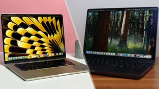 MacBook Air 13 M3 open on a white table with a pink background on the left half of a split image, with a MacBook Pro 14-inch M4 open on a wooden table with a grey background on the right.