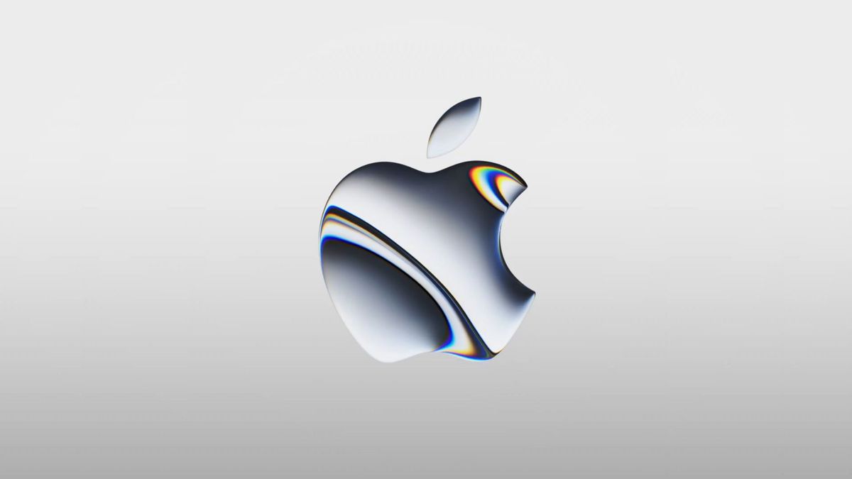 A screenshot of the Apple logo in front of a gray background from an Apple teaser video