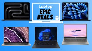 Presidents Day laptop deals graphic with Dell XPS 15, MacBook Air M2, MacBook Pro M3, ThinkPad X1 Carbon Gen 12, HP Chromebook Plus 