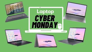 Cyber Monday Chromebook deals Acer Chromebook 315, Lenovo Chromebook Duet 5, HP Chromebook x360 Plus 14, Acer Chromebook Plus 15 against green background