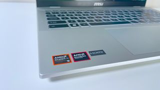 Close up of the AMD stickers on the MSI Prestige A16 AI+