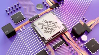 3D render of a computer processor surrounded by various computing components and circuitry on a purple background. The processor has 'Laptop Silicon Survey 2025' branding - Image is a part of the Laptop Mag Silicon Survey 2025 special issue.