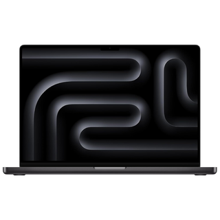 An open and powered on black laptop against a white background.