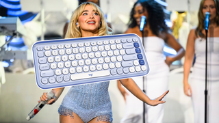 The Logitech POP Icon keyboard overlaid atop pop star Sabrina Carpenter during a performance.